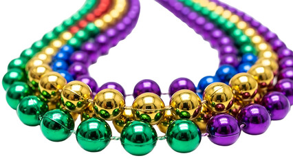 A colorful Mardi Gras bead necklace on transparent background