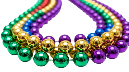A colorful Mardi Gras bead necklace on transparent background