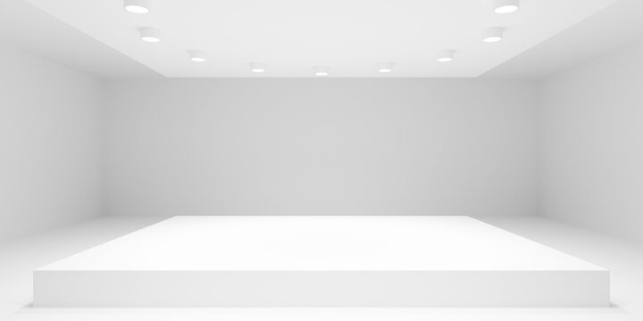 Empty white room or gallery background with circular array of spotlights on top of podium