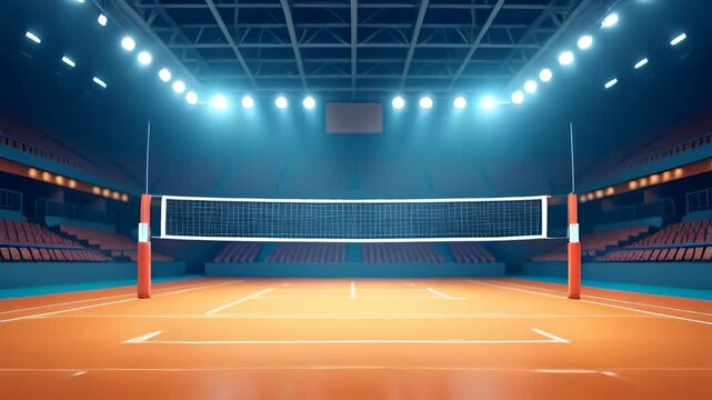 Empty indoor arena with bright lights, slow camera move toward the volleyball net, clean scene for sports promos and broadcasts