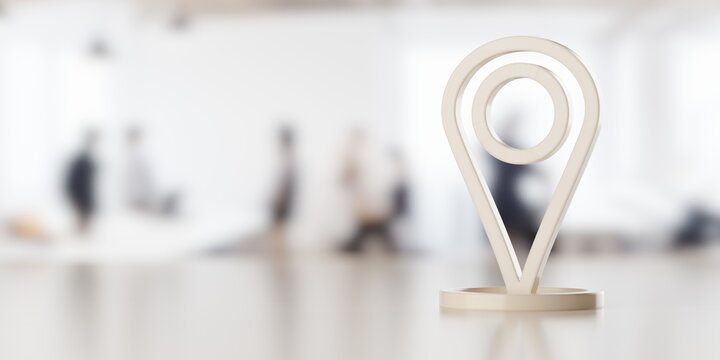 Standing wooden location marker on table with office background and copy space, contact or adress business concept