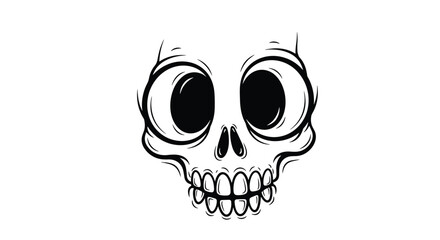 A simple and creepy cartoon skull with huge eyes illustrated in a black and white hand-drawn style for fun designs.