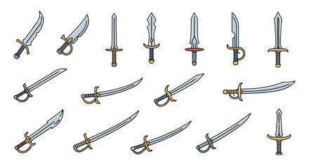 Naklejka premium A diverse collection of medieval swords and sabers illustrated in a colorful cartoon pixel art style for game design.