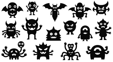 Fototapeta premium A large collection of various black monster silhouettes with different shapes horns teeth and expressions perfect for Halloween designs.