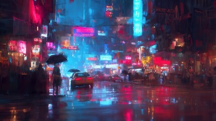 Neon Reflections on a Rainy Night, vibrant street scene illuminated by neon lights, umbrellas dotting the landscape, creating a cinematic and moody atmosphere