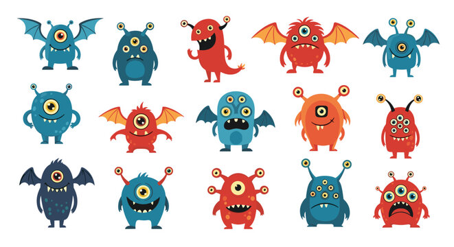 A large and colorful collection of cute and funny cartoon monsters with various features like wings multiple eyes and horns.