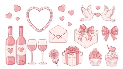 Wedding and love symbols in pink on black background