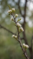 Blossoming tree branch with white flowers against natural background