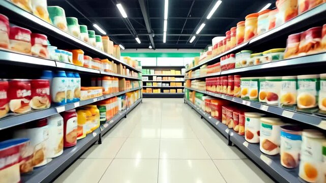 Camera glides along supermarket aisle past shelves with goods, smooth POV no people, clip for retail themes and consumer trends