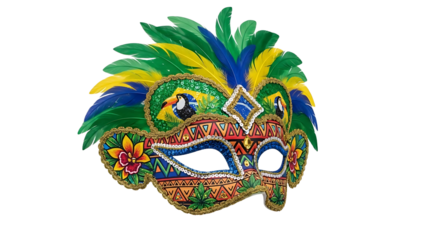 A vibrant Brazilian Carnaval mask on transparent background