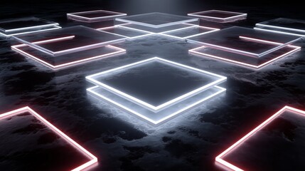 Neon frames outline a central area in a dark space for visual attention and design