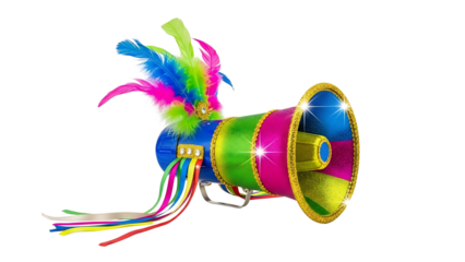 A colorful megaphone with feathers and ribbons on transparent background, perfect for Brazilian Carnaval celebrations