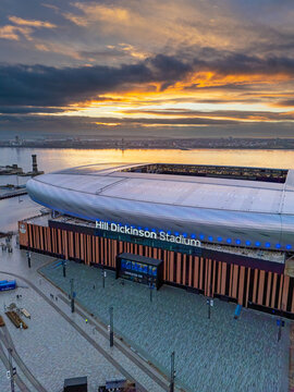 Everton Football Club, Merseyside, United Kingdom. 11.22.2025 Aerial image of Everton&rsquo;s new Hill Dickinson stadium on Bramley Moore Dock along the River Mersey, 22nd Nov 2025.