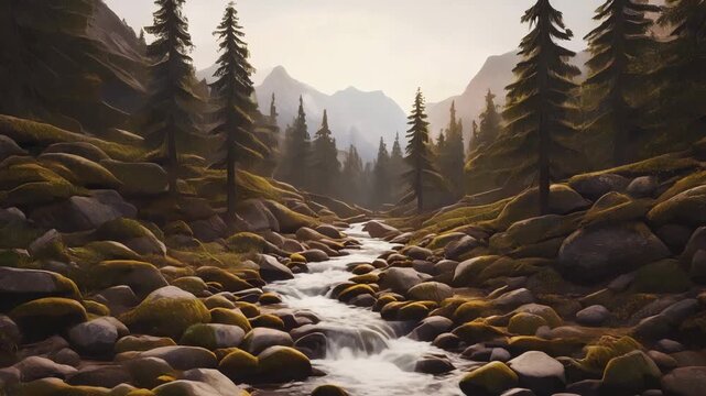 Mountain stream flowing through rocky forest with tall pine trees and misty peaks in background