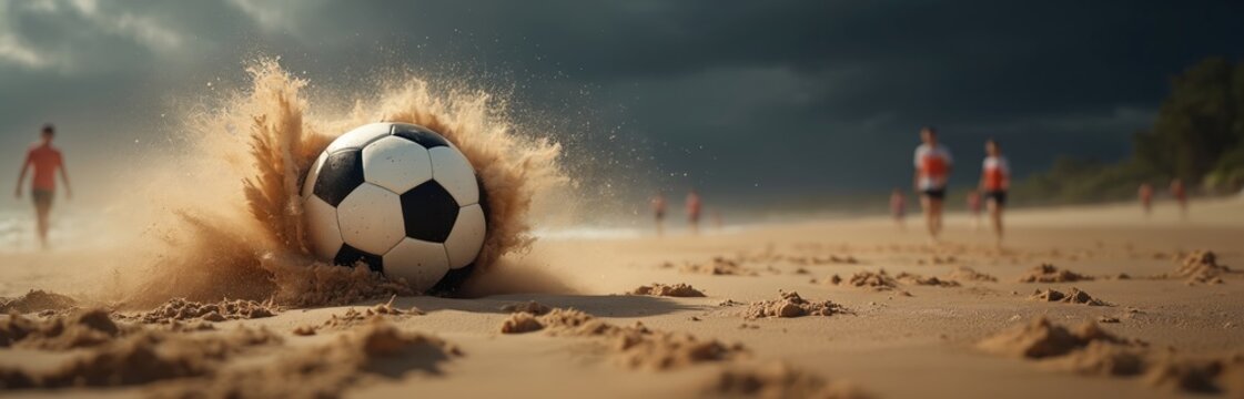 A soccer ball kicks sand on a beach. People play at ocean shore under dramatic sky. Sporty activity with classic football on sandy coast is energetic and fun.