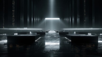 Futuristic corporate tech space with illuminated path and dark surroundings