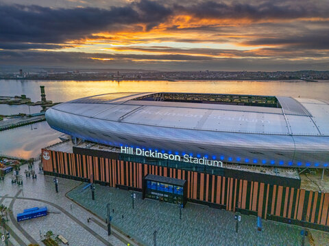 Everton Football Club, Merseyside, United Kingdom. 11.22.2025 Aerial image of Everton&rsquo;s new Hill Dickinson stadium on Bramley Moore Dock along the River Mersey, 22nd Nov 2025.