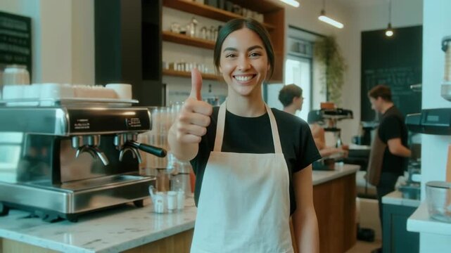 Young waitress giving thumbs up in modern coffee shop interior with customer and employees in background, indicating satisfaction