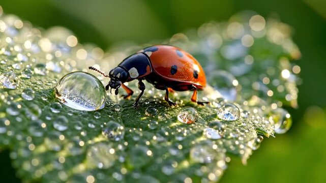 Bright red ladybug on a dew-speckled leaf, glistening droplets catching soft sunlight. On leaf edge