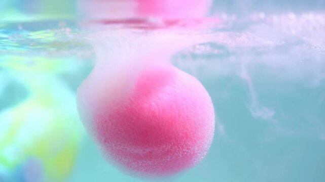 Colorful bath bomb transformation and dissolution underwater in slow motion