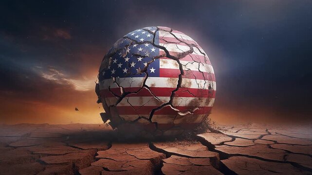 Cracking, crumbling, exploding American flag globe.
