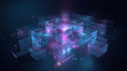 Central data structure shows digital security with glowing blocks in dark space