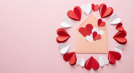 love letter envelope with paper craft hearts - flat lay on pink valentines or anniversary background with copy space