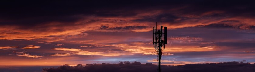 Obraz premium A silhouette of a communication tower against a vibrant sunset sky, showcasing dramatic colors and cloud formations.