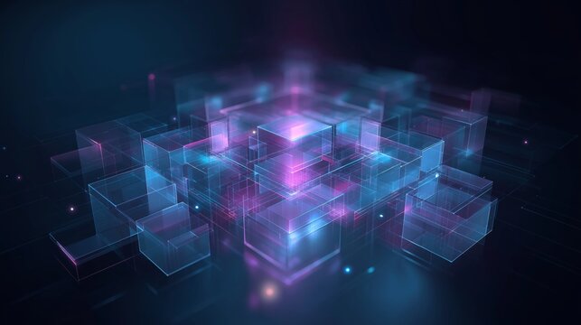 Central data structure shows digital security with glowing blocks in dark space - Powered by Adobe