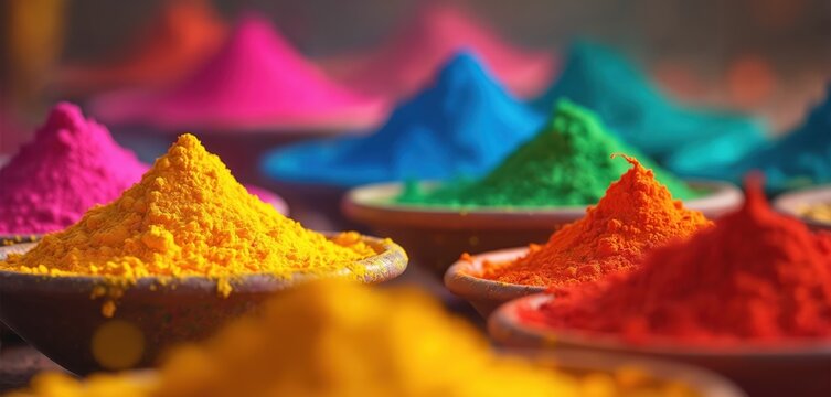 Holi colors lie in bowls ready. Multi colored bright powders for Hindu holiday event celebration. Vibrant pigment heap still life for traditional festival party, fun, happy mood.