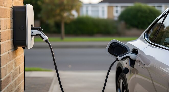A silver electric car plugged into a smart home wallbox charging station on a brick wall, symbolizing sustainable transportation and green energy.