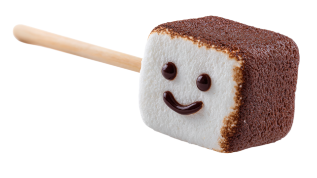 Marshmallow on stick with funny face covered in chocolate powder on transparent - Powered by Adobe
