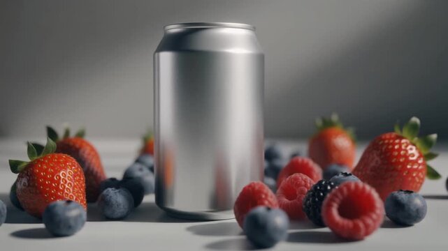 Blank silver aluminum can for refreshing beverage mockups, presented with fresh strawberries, blueberries, and raspberries, symbolizing natural fruit flavors