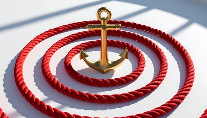 Gold anchor stands in middle of concentric red rope rings on white background. Sunlight shadow pattern on surface. Symbol for stability, maritime security and connectioneering trend for 2026 stock