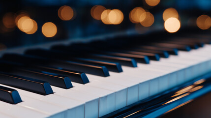 Macro shot of piano keys and inner strings, ivory and black keys in sharp focus, golden strings and dampers softly blurred, elegant classical music atmosphere