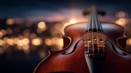 Fototapeta premium Close-up view of a violin bridge and strings, delicate wood texture and fine tuning details, warm lighting enhancing the emotional and classical music feel