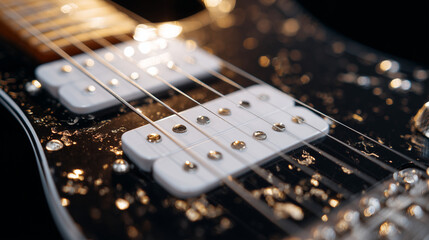 Detailed close-up of an electric guitar pickups and strings, chrome hardware reflecting studio lights, textured body finish conveying modern music style
