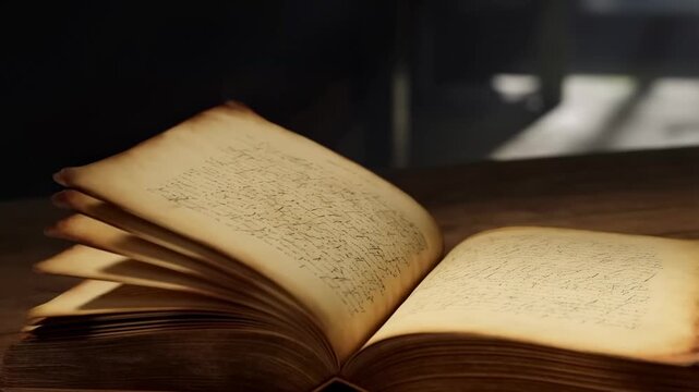 Ancient book flipping pages in dim light with shadowy background