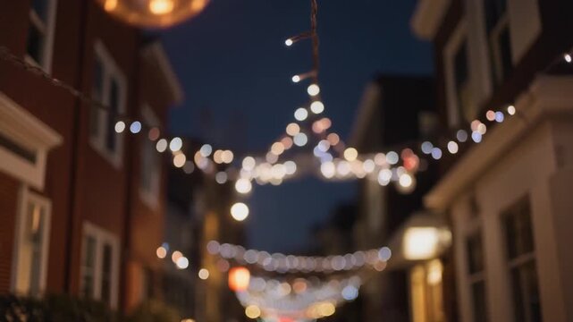 Softly blurred string lights elegantly illuminate a charming urban street scene at night, creating a magical, warm, and inviting festive atmosphere with a beautiful bokeh effect