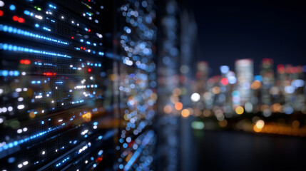 Detailed macro of server rack LEDs blinking, shallow depth of field, cloud computing and data center infrastructure