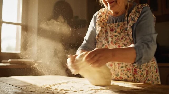 Sunlit kitchen a person in a floral apron kneads dough on a wooden table, flour dust rising softly