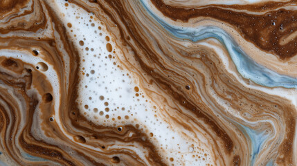 Top-down close-up of artisanal coffee crema, rich foam details and warm tones