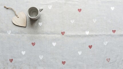 A White Ceramic Mug Sits Beside a Wooden Heart Ornament on a Textured White Surface Adorned with Scattered Red and White Hearts