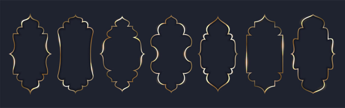 Islamic figured gold metallic vertical frame set. Middle Eastern design elements with shadows and highlights. EPS 10 vector golden line art borders.