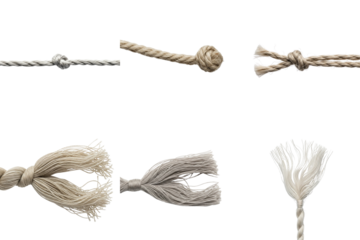 Various knotted ropes with different textures and materials on a white background