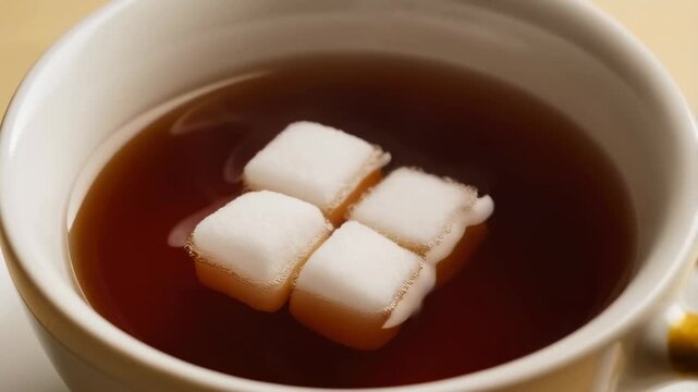 Sugar cubes gradually dissolving in warm cup of tea over time