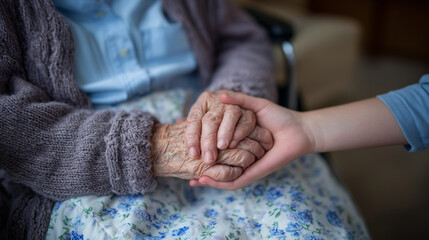 Close-up of elderly hand holding younger hand, care and family bond theme