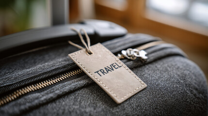 Close-up of suitcase zipper and travel tag, modern tourism and mobility trend