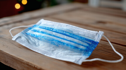 Close-up of face mask folded on table, post-pandemic social awareness theme