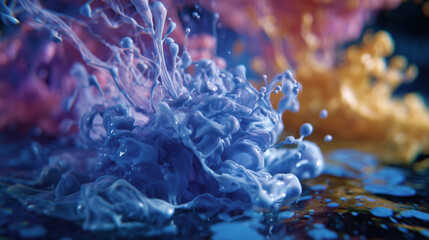 Macro of liquid paint mixing in water, creative expression and abstraction